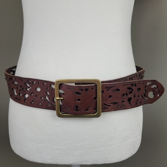 Linea Pelle Accessories - Anthro Linea Pelle Boho Brown Leather Floral Laser Cutout Belt M